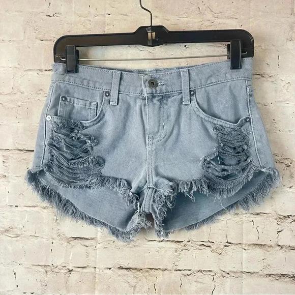 Pistola Size 24 Cut Off Denim Jean Shorts Dusty Blue Gray Distressed Cotton - Picture 1 of 6